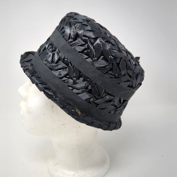 Vintage Black Rattan Hat Cloche Straw - Picture 7 of 8